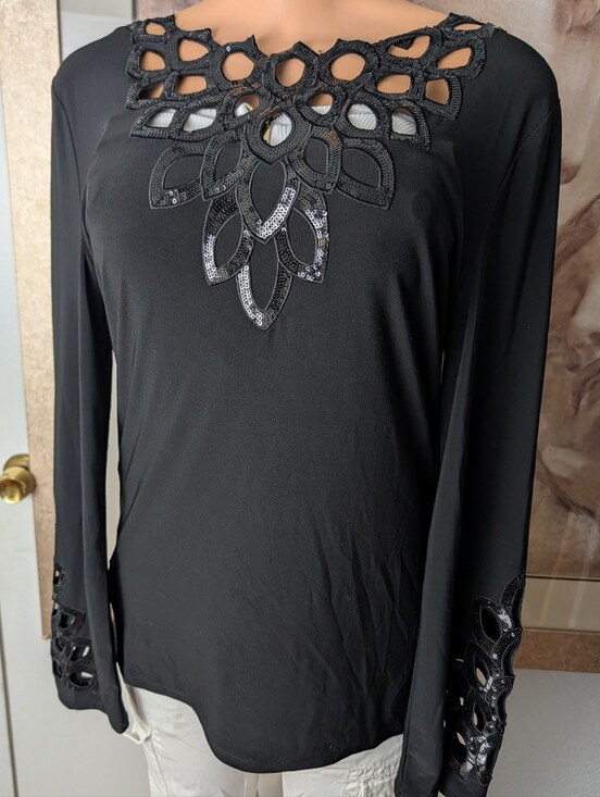 Joseph Ribkoff Tops - Joseph Ribkoff Black Long-Sleeve Top Cutout Neckline & Sequin Appliqué Size 12